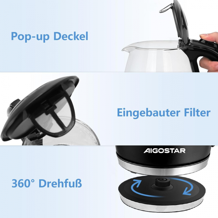 Fierbător de apă, 1,7 litri, 2200 W,100% fără BPA, sticlă de borosilicat îngroșată, bază din oțel inoxidabil 360° - BUN [2]