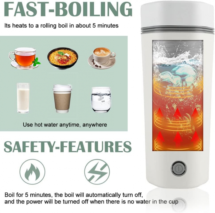 Fierbator electric, portabil de 350 ml, fierbător cu fierbere rapidă, mini termos cu interior din oțel inoxidabil potrivit pentru lapte, cafea -Culoare alb- [6]