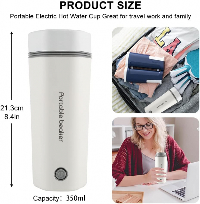 Fierbator electric, portabil de 350 ml, fierbător cu fierbere rapidă, mini termos cu interior din oțel inoxidabil potrivit pentru lapte, cafea -Culoare alb- [4]