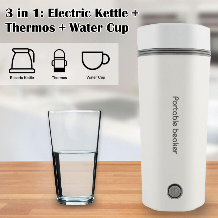 Fierbator electric, portabil de 350 ml, fierbător cu fierbere rapidă, mini termos cu interior din oțel inoxidabil potrivit pentru lapte, cafea -Culoare alb- [3]