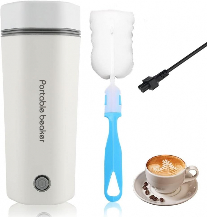 Fierbator electric, portabil de 350 ml, fierbător cu fierbere rapidă, mini termos cu interior din oțel inoxidabil potrivit pentru lapte, cafea -Culoare alb- [1]