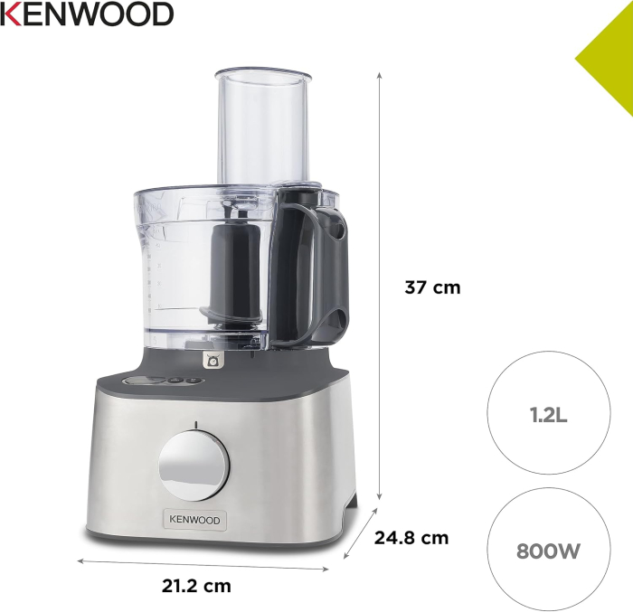Kenwood Multipro Compact+ FDM315SS – Robot de bucătărie compact, capacitate 2,1 L, cântar integrat, cuțit din inox, 4 discuri de lucru și 5 accesorii suplimentare, carcasă metalică, putere 800 W, culo [2]