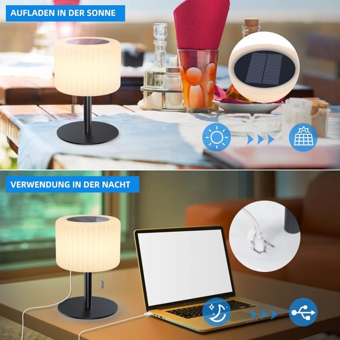 Lampă de masă fără fir pentru exterior, încărcabilă prin USB și solar, impermeabilă IP44, pentru grădină, balcon, restaurant. [6]