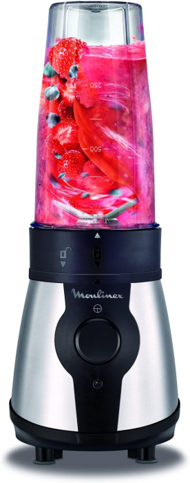 Moulinex Blender LM1B1D, 300W, Smoothie-Mixer cu recipient de 750 ml, Inclusiv Sticlă Portabilă de 750 ml, 4 Lame Detasabile, Suprafețe din Oțel Inoxidabil [3]