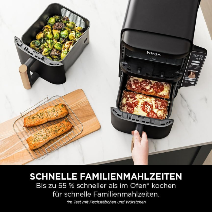 Ninja Double Stack XL – Friteuză cu aer cald, 2 sertare verticale, 4 niveluri de gătit, 2 compartimente, design compact, capacitate 9,5 L, 6 funcții, 8 porții, clește inclus, culoare negru/cupru, mode [5]