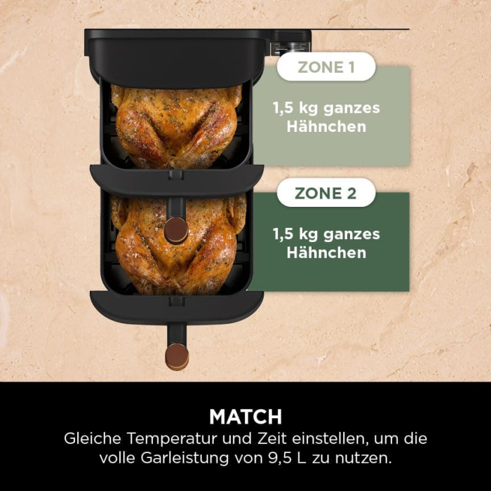 Ninja Double Stack XL – Friteuză cu aer cald, 2 sertare verticale, 4 niveluri de gătit, 2 compartimente, design compact, capacitate 9,5 L, 6 funcții, 8 porții, clește inclus, culoare negru/cupru, mode [6]