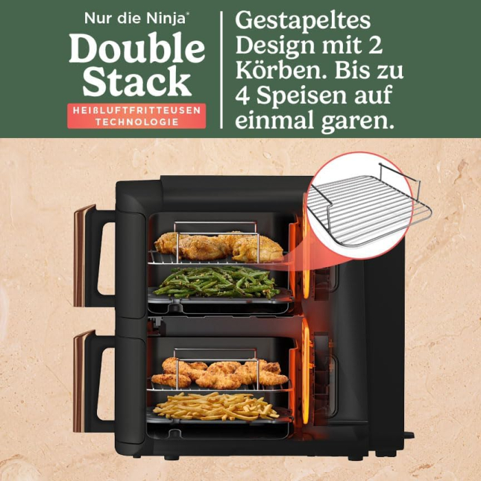 Ninja Double Stack XL – Friteuză cu aer cald, 2 sertare verticale, 4 niveluri de gătit, 2 compartimente, design compact, capacitate 9,5 L, 6 funcții, 8 porții, clește inclus, culoare negru/cupru, mode [4]