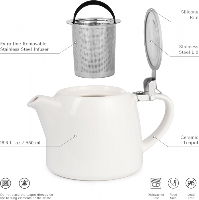 ORNA Ceainic din Ceramică - cu Infuzor de Ceai din Oțel Inoxidabil Extra Fin și Capac - pentru Infuzarea Ceaiului Vrac - 550 ml (Alb) [3]