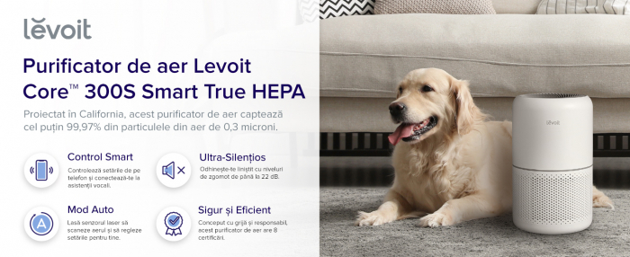 Purificator de aer Smart Levoit Core 300S Wi-Fi, Filtru 3 in 1 True HEPA, Carbon Activ, Senzor Calitate Aer, Mod Auto, Alexa, Google Home, Panou Comanda Touch Screen, Control Remote, Alb [2]