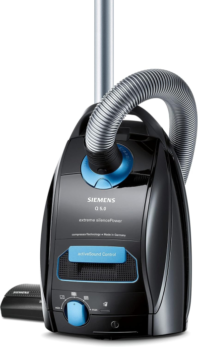 Siemens VSQ5X1230 – Aspirator „Q5.0 extreme silencePower”, Clasa de eficiență energetică B, 850 W, sac vacuum 4 L, filtru de înaltă performanță pentru igienă, culoare negru, fără sac suplimentar [1]