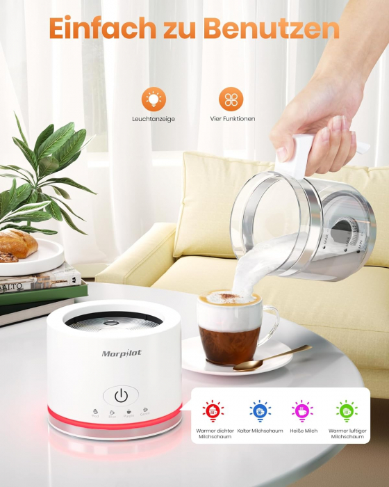 Spumator de lapte electric, 4 în 1 pentru lapte cald și rece, 600W, 500ml, vas de sticlă detașabil, design de latte, sticlă vizuală, oțel inoxidabil rezistent la mașină de spălat vase -FOARTE BUN [4]