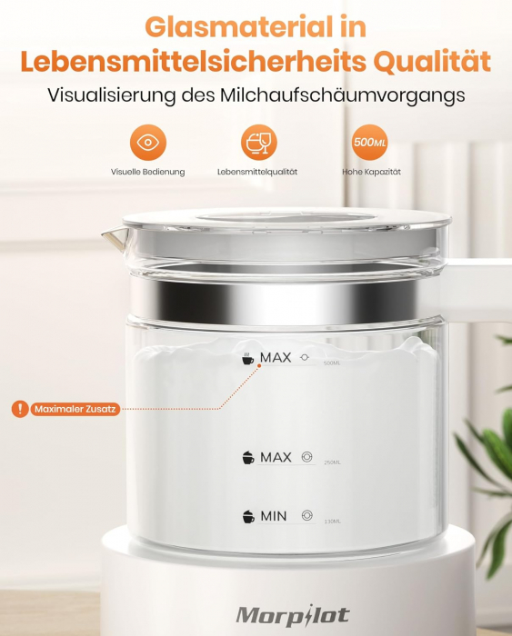 Spumator de lapte electric, 4 în 1 pentru lapte cald și rece, 600W, 500ml, vas de sticlă detașabil, design de latte, sticlă vizuală, oțel inoxidabil rezistent la mașină de spălat vase -FOARTE BUN [6]