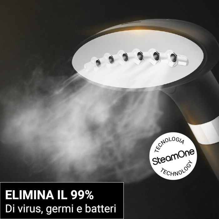 SteamOne H18B – Aburitor vertical și de călătorie, putere 1800 W, rezervor apă 1,8 L, ușor de manevrat cu 4 roți, timp de încălzire 60 secunde, supapă anti-calcar, furtun cu protecție triplă la căldur [4]