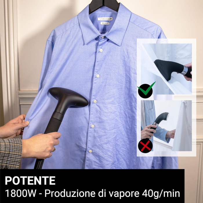SteamOne H18B – Aburitor vertical și de călătorie, putere 1800 W, rezervor apă 1,8 L, ușor de manevrat cu 4 roți, timp de încălzire 60 secunde, supapă anti-calcar, furtun cu protecție triplă la căldur [7]