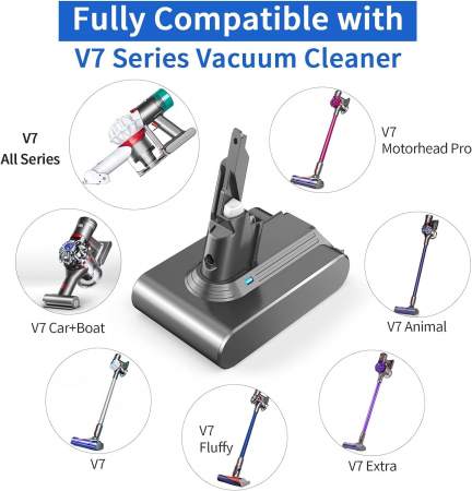 Acumulator Morpilot este compatibilă cu aspiratoarele Dyson V7 SV11 Animal, Motorhead, Pro, Trigger+, Fluffy, Matress Plus și include 2 filtre. 21.6V și 4600mAh [1]