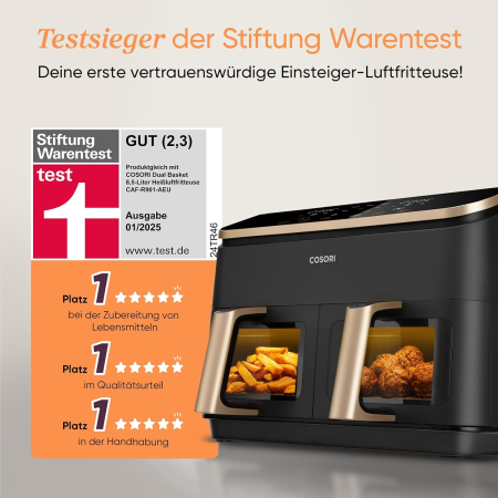 COSORI Air Fryer – Friteuză cu aer cald, 2 compartimente, 6‑în‑1, Dual Zone, XXL, capacitate 8,5 L, două camere, cu fereastră de vizualizare, pentru mese complete, 50 rețete incluse, eficientă din pun [4]