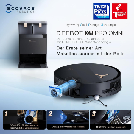 ECOVACS DEEBOT X8 PRO Omni – Robot aspirator cu funcție mop, OZMO Scooter cu mop continuu și auto-curățare, putere de aspirare 18.000 Pa, stație 12‑în‑1, curățare mop cu apă caldă 40‑75 °C, sistem YIK [3]