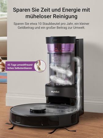 EUREKA E10s DE – Robot aspirator și mop + Stație de aspirare fără sac Multi-Cyclone (4000 Pa, detectare covoare și ridicare mop, navigație LiDAR, ideal împotriva părului de animale [1]