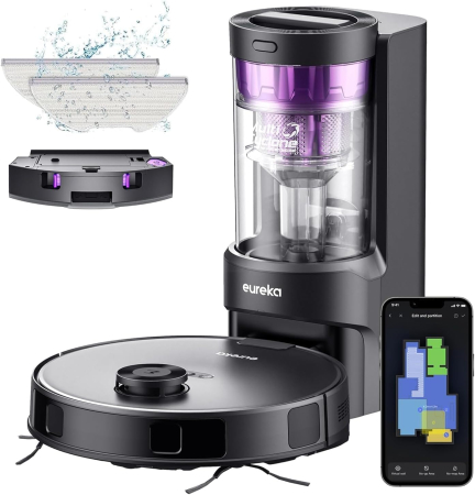 ASPIRATOARE ROBOT - EUREKA E10s DE – Robot aspirator și mop + Stație de aspirare fără sac Multi-Cyclone (4000 Pa, detectare covoare și ridicare mop, navigație LiDAR, ideal împotriva părului de animale