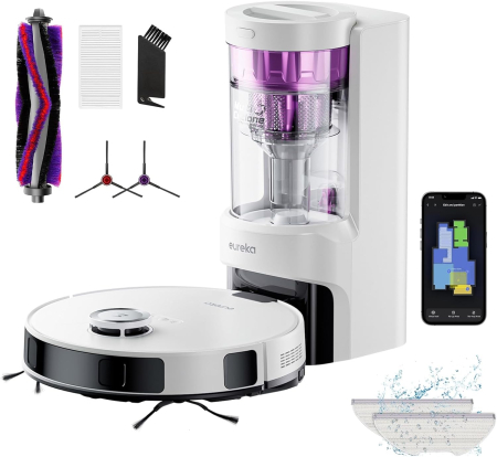 ASPIRATOARE ROBOT - EUREKA E10s DE – Robot aspirator și mop + Stație de aspirare fără sac Multi-Cyclone (4000 Pa, detectare covoare și ridicare mop, navigație LiDAR, ideal împotriva părului de animale