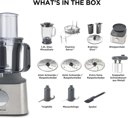 Kenwood Multipro Compact+ FDM315SS – Robot de bucătărie compact, capacitate 2,1 L, cântar integrat, cuțit din inox, 4 discuri de lucru și 5 accesorii suplimentare, carcasă metalică, putere 800 W, culo [2]