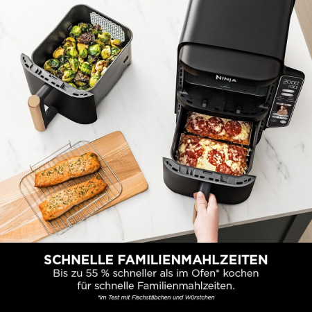Ninja Double Stack XL – Friteuză cu aer cald, 2 sertare verticale, 4 niveluri de gătit, 2 compartimente, design compact, capacitate 9,5 L, 6 funcții, 8 porții, clește inclus, culoare negru/cupru, mode [4]