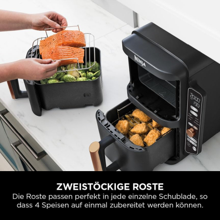 Ninja Double Stack XL – Friteuză cu aer cald, 2 sertare verticale, 4 niveluri de gătit, 2 compartimente, design compact, capacitate 9,5 L, 6 funcții, 8 porții, clește inclus, culoare negru/cupru, mode [7]