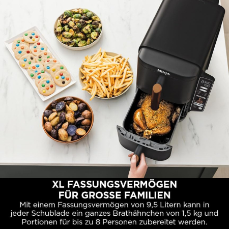 Ninja Double Stack XL – Friteuză cu aer cald, 2 sertare verticale, 4 niveluri de gătit, 2 compartimente, design compact, capacitate 9,5 L, 6 funcții, 8 porții, clește inclus, culoare negru/cupru, mode [2]