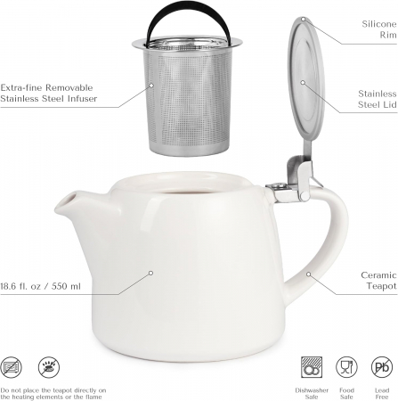 ORNA Ceainic din Ceramică - cu Infuzor de Ceai din Oțel Inoxidabil Extra Fin și Capac - pentru Infuzarea Ceaiului Vrac - 550 ml (Alb) [2]