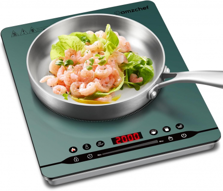 Plită de inducție individuală 2000W AMZCHEF, silențioasă, 9 trepte de putere și temperatură, 4 meniuri automate, ultra-subțire al carcasei, Blocare de siguranță, verde - CA NOU [0]