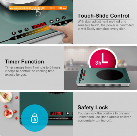 Plită de inducție individuală 2000W AMZCHEF, silențioasă, 9 trepte de putere și temperatură, 4 meniuri automate, ultra-subțire al carcasei, Blocare de siguranță, verde - CA NOU [4]