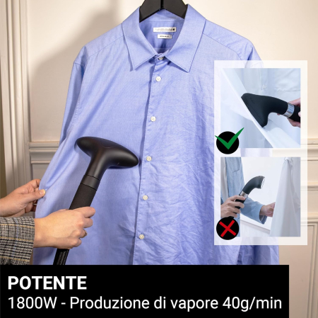 SteamOne H18B – Aburitor vertical și de călătorie, putere 1800 W, rezervor apă 1,8 L, ușor de manevrat cu 4 roți, timp de încălzire 60 secunde, supapă anti-calcar, furtun cu protecție triplă la căldur [6]