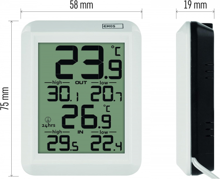 Termometru digital EMOS, termometru extern/intern cu senzor de cablu de 0,9 m și funcție de memorie 24 de ore, °C/°F, alimentat cu baterii. - CA NOU [1]