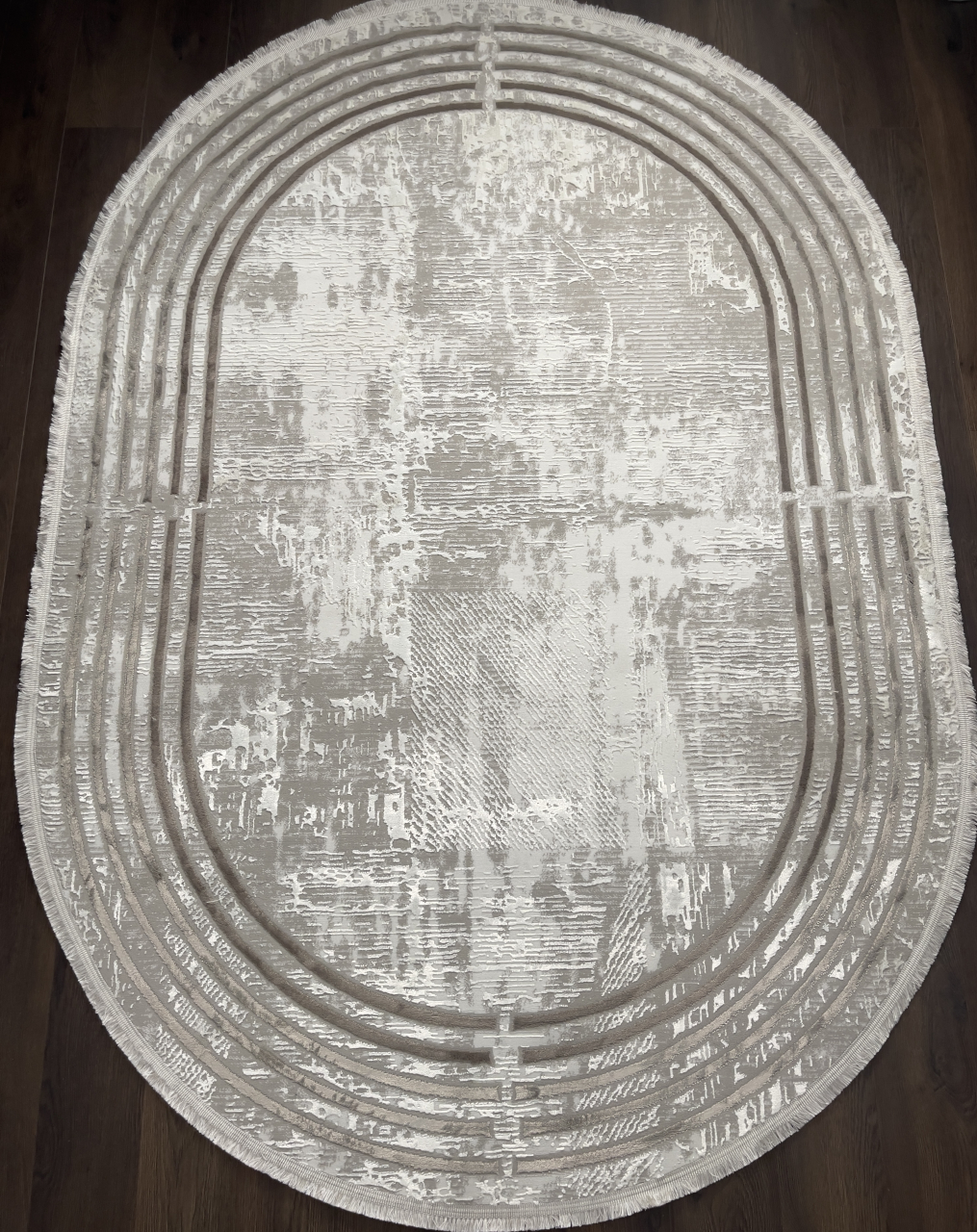 Covor Oval Modern Gri Bej cu Franjuri – Design Abstract Vintage [2]