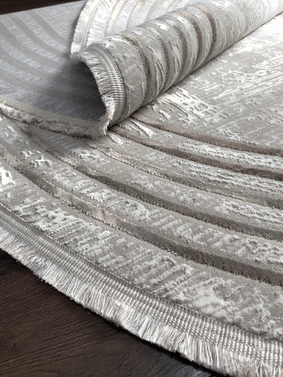 Covor Oval Modern Gri Bej cu Franjuri – Design Abstract Vintage [3]