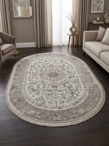 Covoare Ovale - Covor Oval Clasic Bej/Maro – Model Oriental cu Medalion Floral