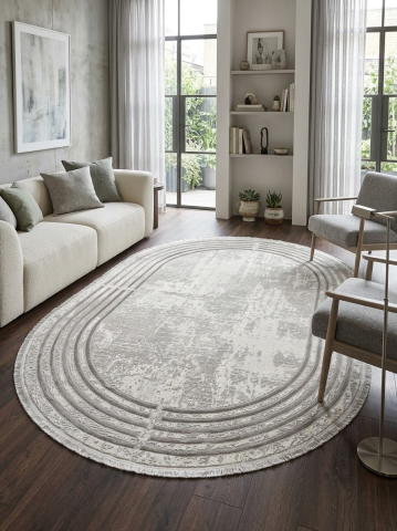 Covoare Ovale - Covor Oval Modern Gri Bej cu Franjuri – Design Abstract Vintage