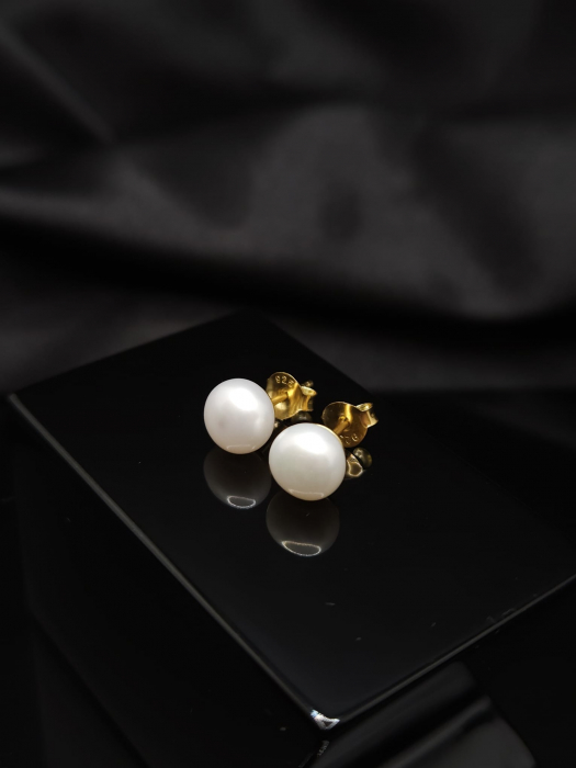 Cercei Perla Apa Dulce 7 mm Argint 925- Placat cu Aur 24K [3]
