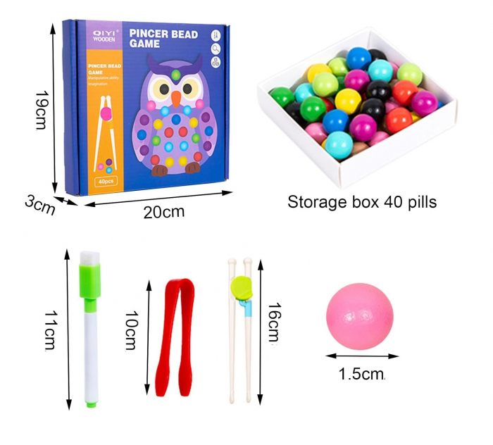 Joc educativ Montessori din lemn, Pincer Bead Game, Bufnita, pentru memorie, potrivire si sortare, 3 ani +, EduJucarii [6]