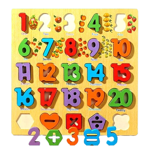 Puzzle din Lemn, Cifre 1-20 si Forme Matematice, Colorat, cu Piese 3D, 3 ani+, EduJucarii [1]