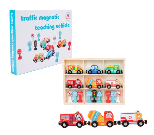 Set interactiv cu vehicule de interventie si indicatoare rutiere, trenulet magnetic si semne rutiere, Traffic Magnetic Teaching Vehicle, 15 piese, 3 ani+, EduJucarii [2]
