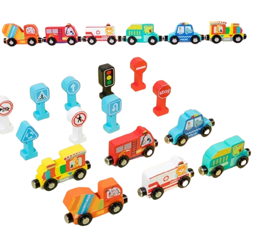 Set interactiv cu vehicule de interventie si indicatoare rutiere, trenulet magnetic si semne rutiere, Traffic Magnetic Teaching Vehicle, 15 piese, 3 ani+, EduJucarii [5]