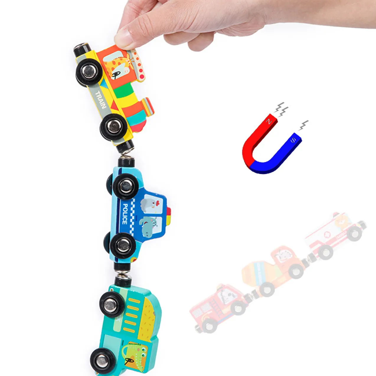 Set interactiv cu vehicule de interventie si indicatoare rutiere, trenulet magnetic si semne rutiere, Traffic Magnetic Teaching Vehicle, 15 piese, 3 ani+, EduJucarii [3]