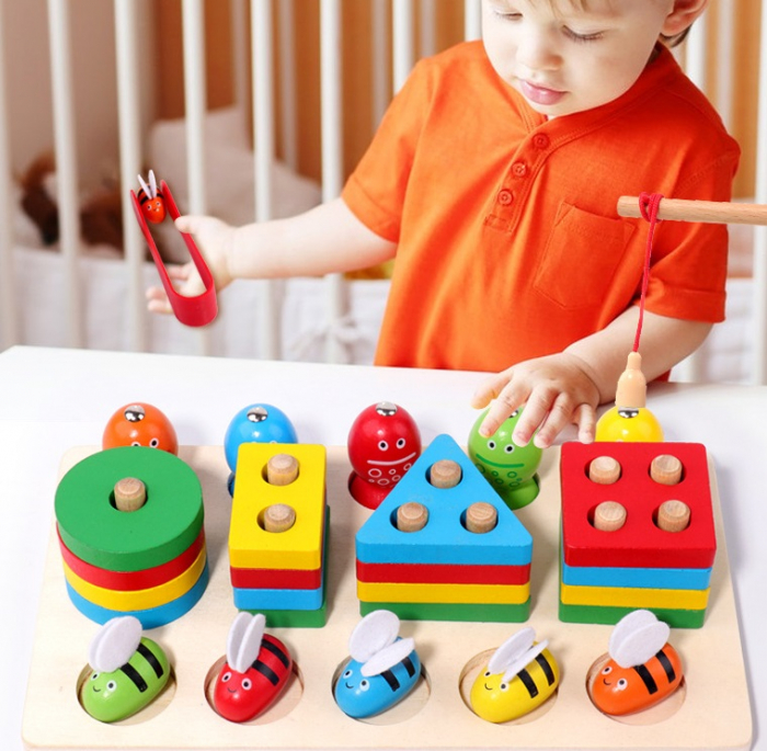 Aritmetic 3 in 1, sortator cu forme geometrice, joc de pescuit, prinde albinuta, Joc educativ logaritmic, Montessori, 3 ani+, Edujucarii [5]