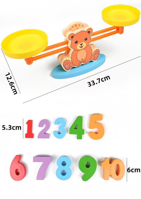 Balanta Ursulet, Invata matematica, Jucarie educativa STEM pentru copii si joc de invatare a numerelor, Lemn, Montessori, 3 ani+, EduJucarii [7]