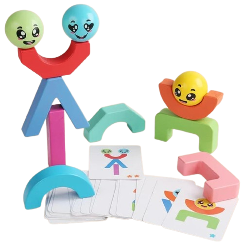 Blocuri creative de constructie si echilibru din lemn, Smiley Face, 11 piese, cartonase cu modele, multicolor, 3 ani +, EduJucarii [4]