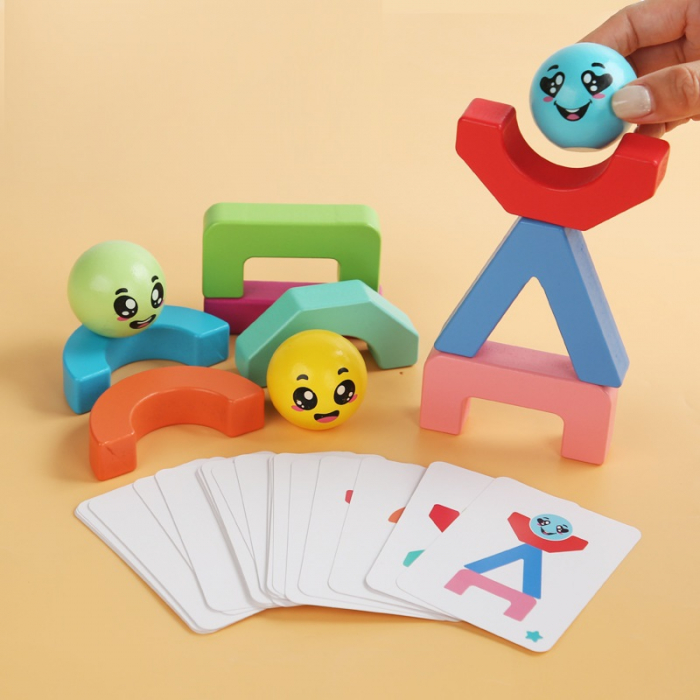 Blocuri creative de constructie si echilibru din lemn, Smiley Face, 11 piese, cartonase cu modele, multicolor, 3 ani +, EduJucarii [8]