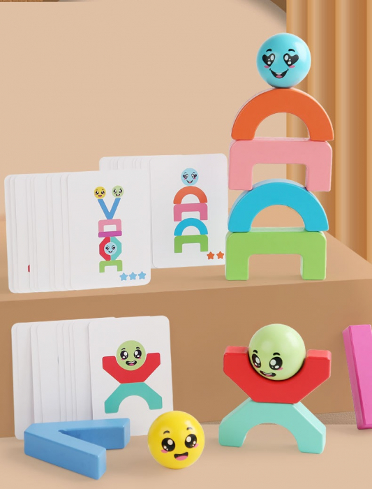 Blocuri creative de constructie si echilibru din lemn, Smiley Face, 11 piese, cartonase cu modele, multicolor, 3 ani +, EduJucarii [10]