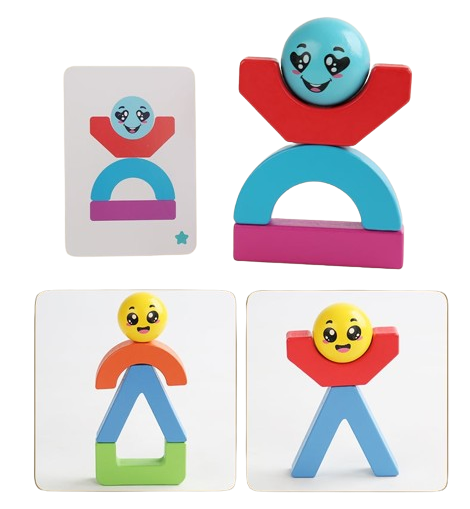 Blocuri creative de constructie si echilibru din lemn, Smiley Face, 11 piese, cartonase cu modele, multicolor, 3 ani +, EduJucarii [5]