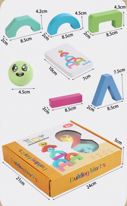 Blocuri creative de constructie si echilibru din lemn, Smiley Face, 11 piese, cartonase cu modele, multicolor, 3 ani +, EduJucarii [12]